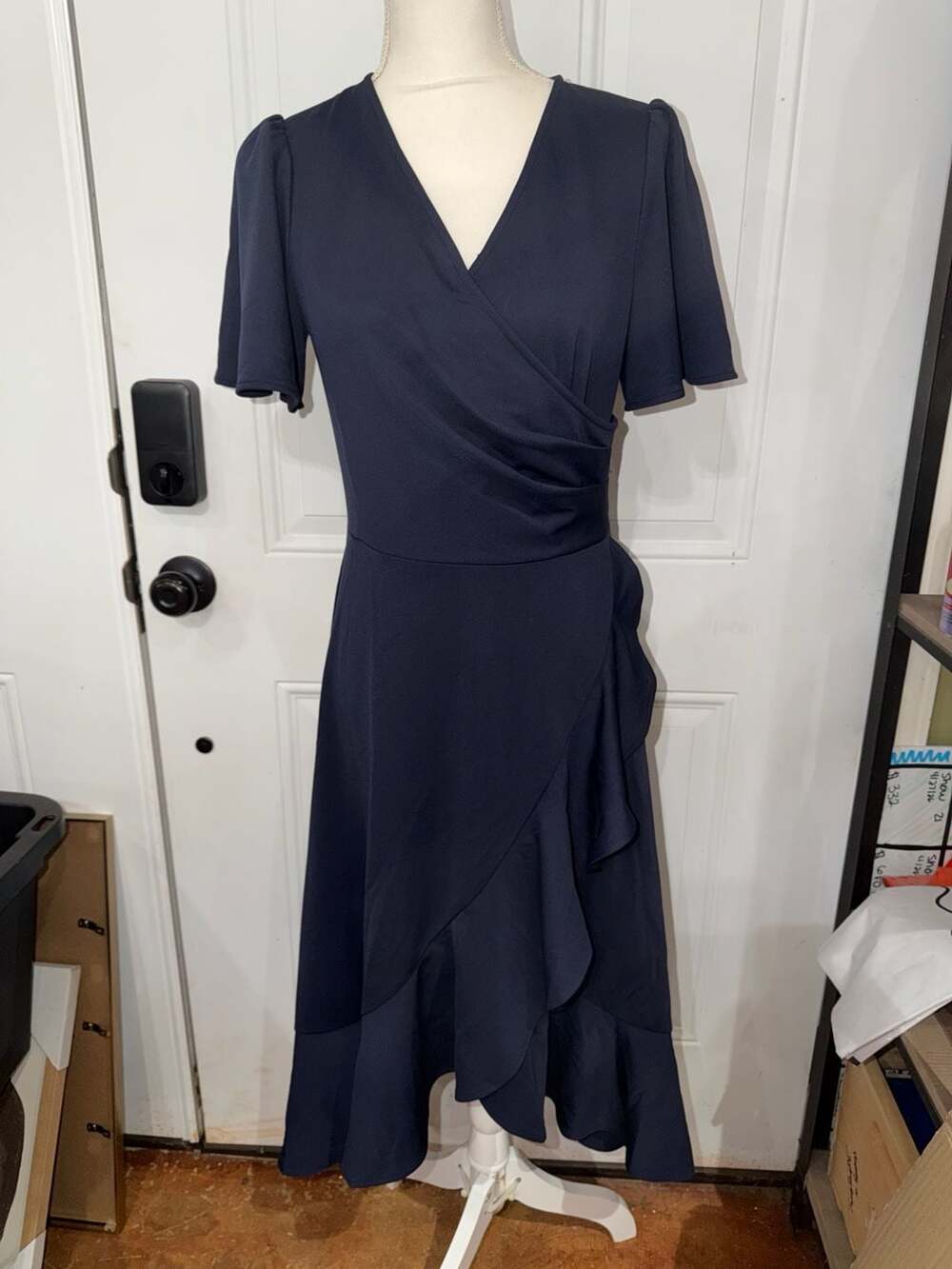 Muadress  Short Sleeve V-Neck Ruffle Faux Wrap Midi Dress